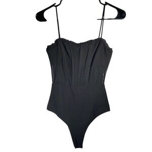 Princess Polly‎ Black Bodysuit Mesh Bustier Ruffle Trim Sleeveless Party Top